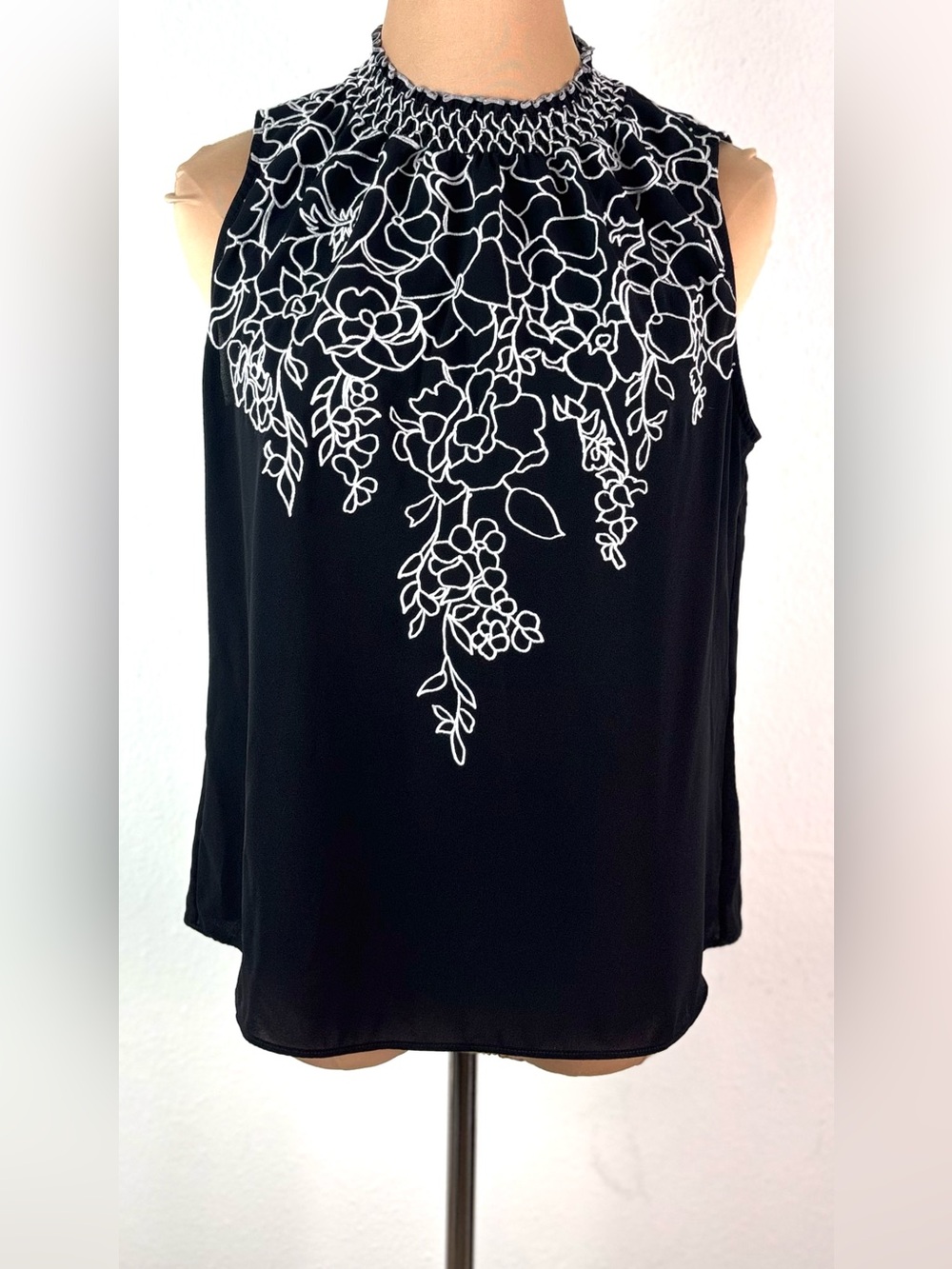 White House Black Market Black Sleeveless Camisole with White Floral Embroidery